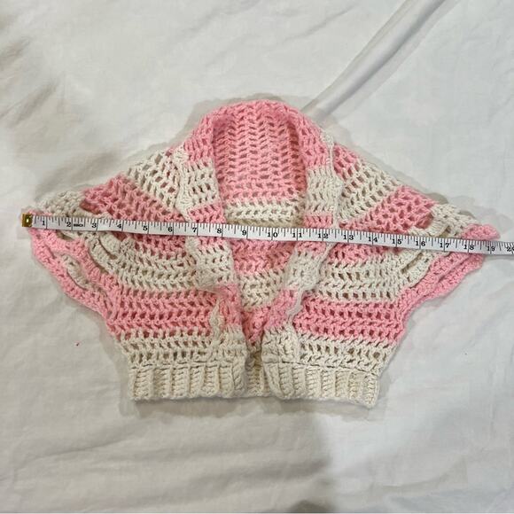 Handmade OOAK Grandma Crocheted Striped Short Sleeve Cardigan Small pink white - Picture 4 of 7